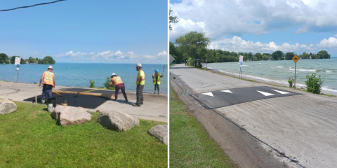 Side by side of crews installing the speed bump and the finished speed bump