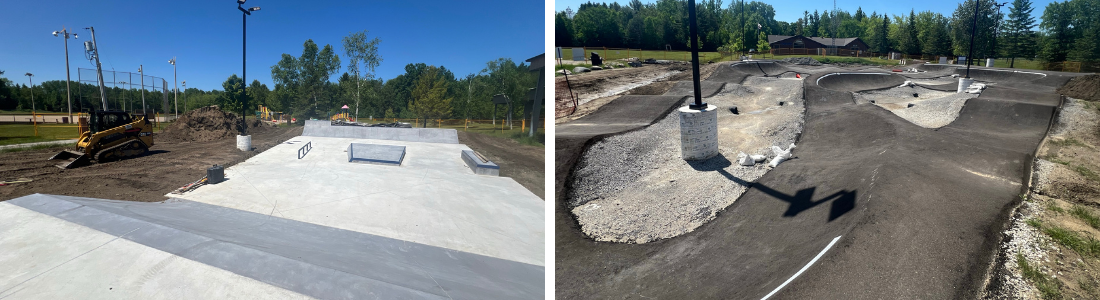 two images of construction of a pump track and skate park