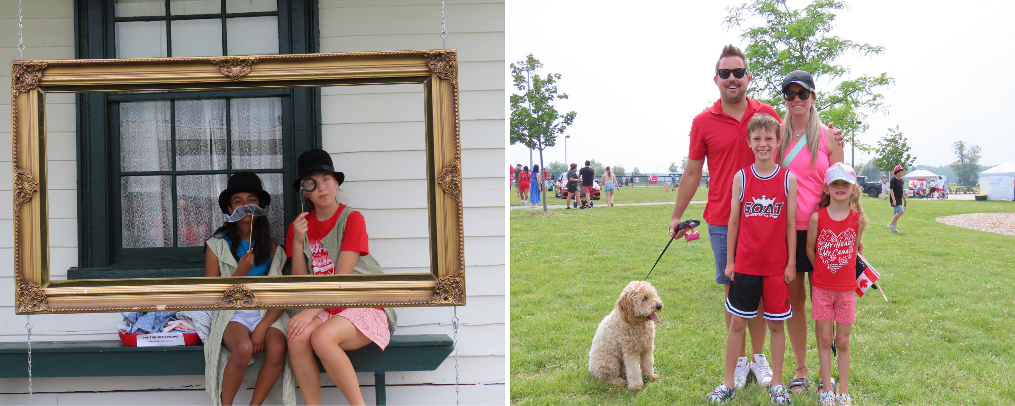 Left 2 girls sitting on a bench with props behind a frame right family dressed in red with dog on leash in field