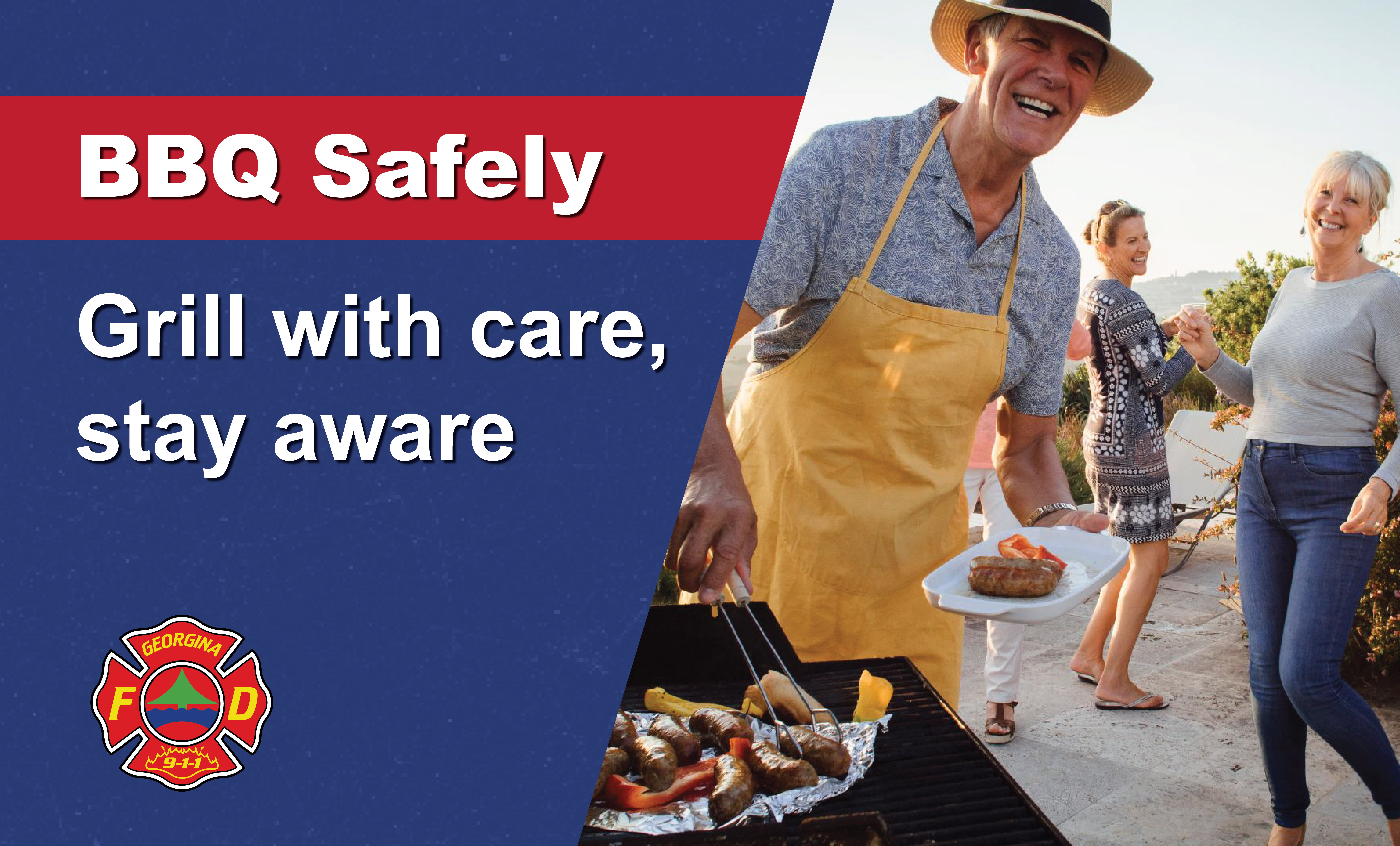 three people on a patio in front of a bbq with food on it with the words BBQ Safely Grill with care, stay aware