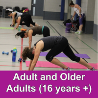 several women on yoga mats doing an exercise in a gymnasium with purple banner with workds Adult and Older Adults (16 years+)