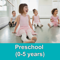 four children sitting on floor in dance uniforms with blue square with words Preschool (0-5 years)