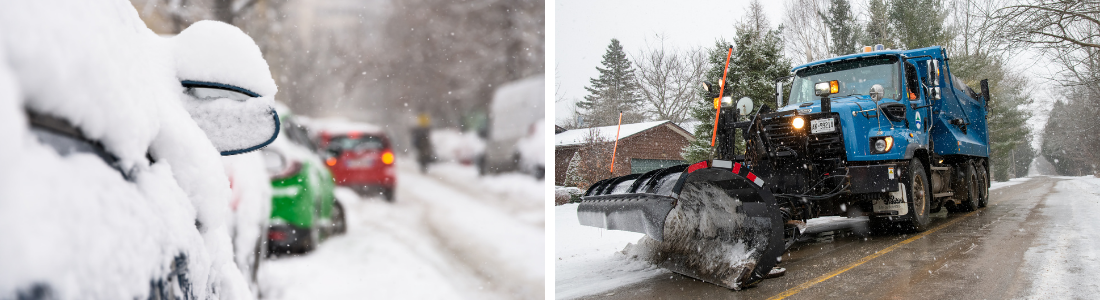 left: Cars on a road covered in snow right: Snow plow