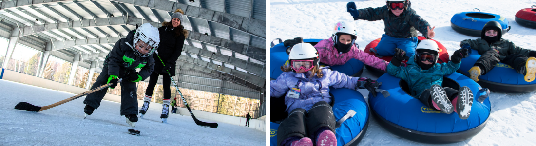 left child playing hockey on outdoor rink right children in a group on tubes in winter gear and safety gear