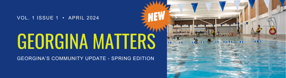 Swimming pool with words Vol.1 Issue 1 - April 2024 Georgina Matters Georgina's Community Update - Spring Edition with Orange shape stating NEW