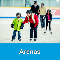 groups of families in helmets and safety gear skating in an indoor rink with blue bar and text arenas