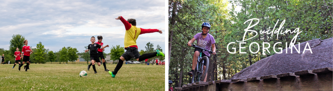 left: Kids playing soccer, right: Kid riding bike on course and the words Building Georgina