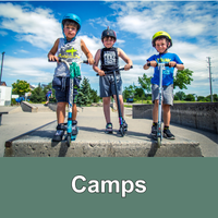 three children on scooters of concrete skate park with green bar at the bottom with text Camps