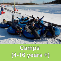 Group of kids sitting in tubes with words Camps 4-16 years plus