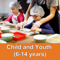 child being helped to cook by adult with text child and youth 6-14 years