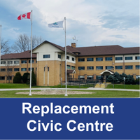 Municipal building with flags in front with blue bar and text Replacement Civic Centre