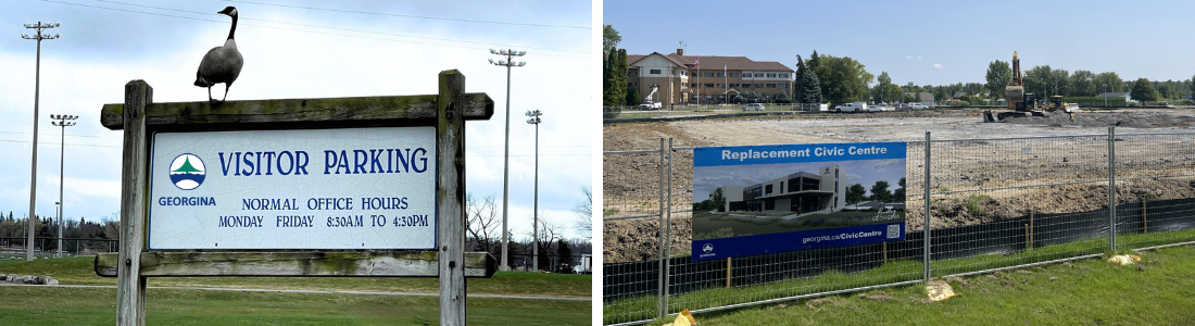 left: Sign stating visitor parking with a canadian goose standing on top. Right: construction site with sign stating Replacement Civic Centre