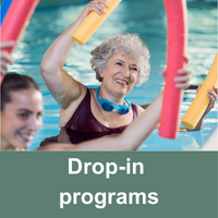 senior doing aquafit with the text drop in programs