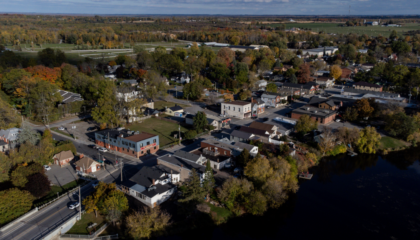 birds eye view of a street in town