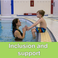 child sitting on edge of pool and instructor in the water with green bottom bar and text inclusion and support