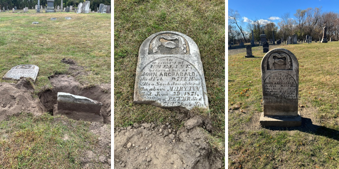 Damaged tombstone and repaired