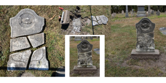 damaged tombstone and repaired tombstone