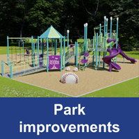 digital rendering of a playground in green and purple with blue bar and text Park Improvements