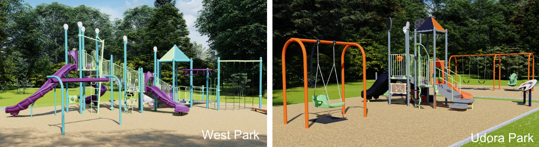 Two photos of playground equipment with the words west park and Udora