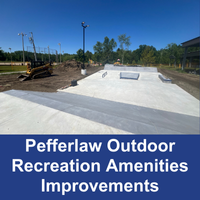 concrete skate park under construction with construction machines  with blue bar and text Pefferlaw Outdoor Recreation