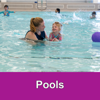 adult holding child in water and children playing in water behind them with purple bottom bar with text pools