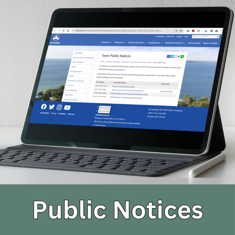 tablet with keyboard with a web page open on it with words Public notices