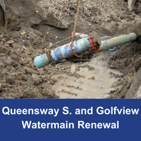 concrete pipe underground with blue bar with words Queensway South Watermain Renewal