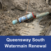 concrete pipe underground with blue bar with words Queensway South Watermain Renewal