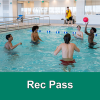 5 boys playing ball in a pool with a lifeguard watching with green bottom bar with text Rec Pass