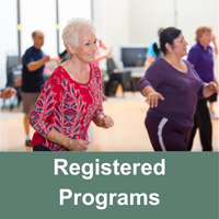 seniors dancing with text Registered Programs