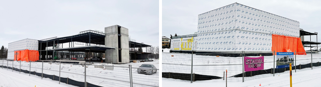 side by side construction of a building with snow on the ground