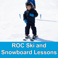 child in safety gear skiing with words ROC Ski and Snowboard Lessons