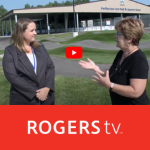 Two people speaking in a park with the text Rogers tv