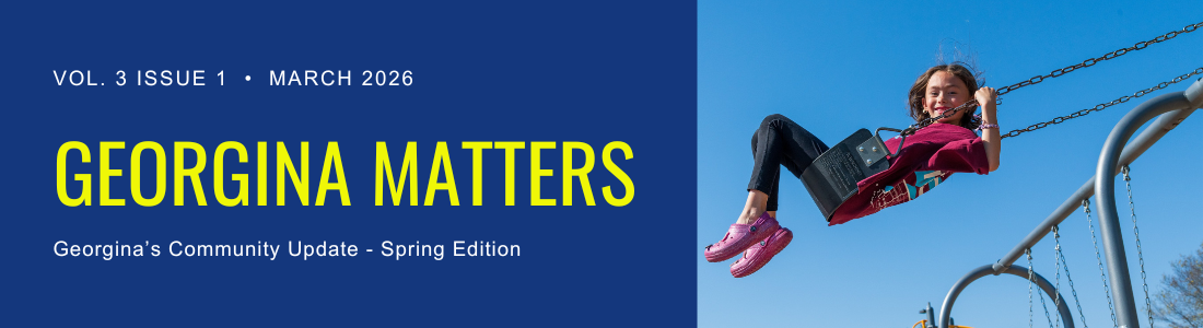 Girl on a swing with text Georgina Matters Vol 3 issue 1 March 2026 Georgina's Community Update - Spring Edition