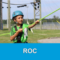 Child holding belay rope in a helmet with a ropes course behind him bottom blue bar with text ROC