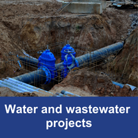 watermain construction underground with blue bar and text  Water and wastewater projects