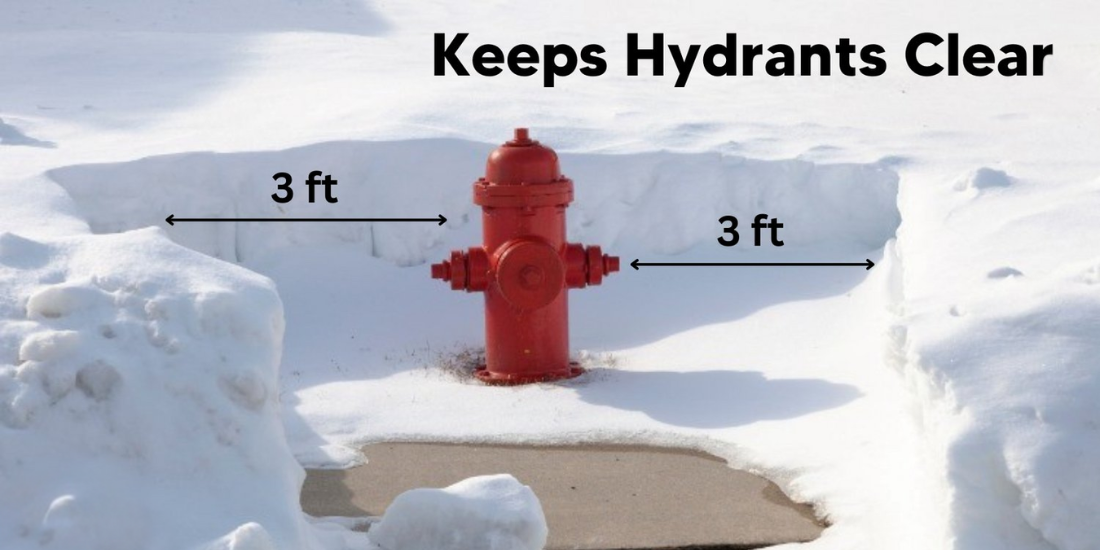 Hydrant with snow cleared 3 ft around with text keeps hydrants clear