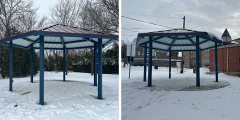 side-by-side of the new shelter at the park, snow on ground