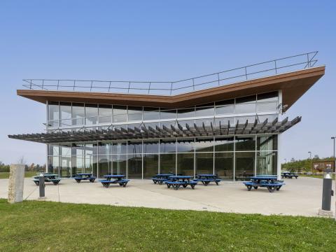 Outside of building with picnic tables 