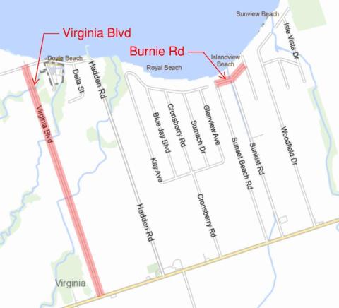 map of affected area with Virginia Blvd and Burnie Rd. highlighted