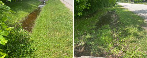 two images of roadside ditches filled with water