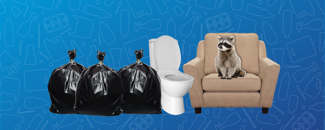 three garbage bags beside a toilet and a chair with a raccoon sitting on the chair