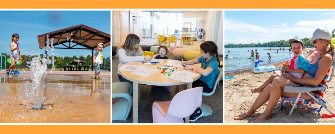 three photos side by side, one of kids at a splash pad, one of kids sitting at a table in a library, and one of a mom and young sun sitting at the beach