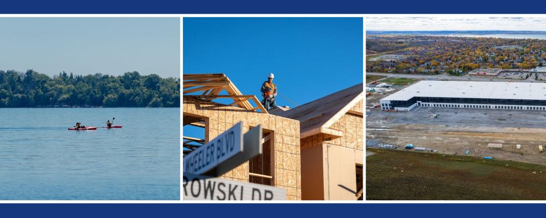 three photos side by side, one of people in kayaks on a lake, one of a house being built and one of the Keswick business park