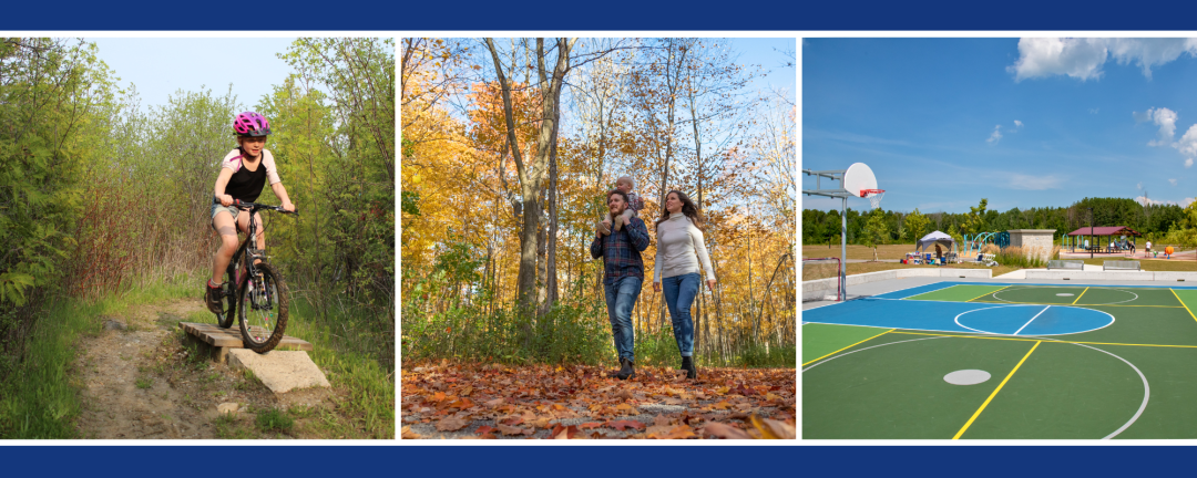 images of a girl on a bike, people walking on a trail and the sports court at Julia Munro Park