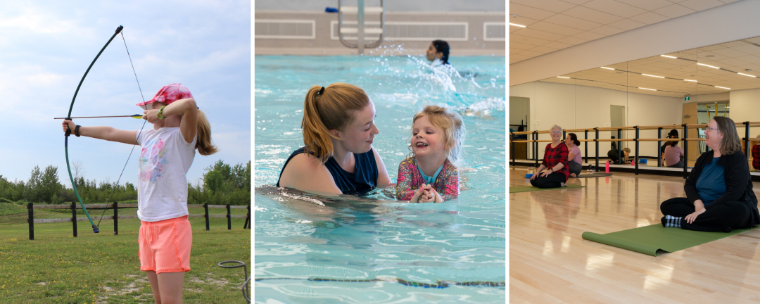 girl shooting an arrow, young child and woman in pool, and woman sitting on yoga mat