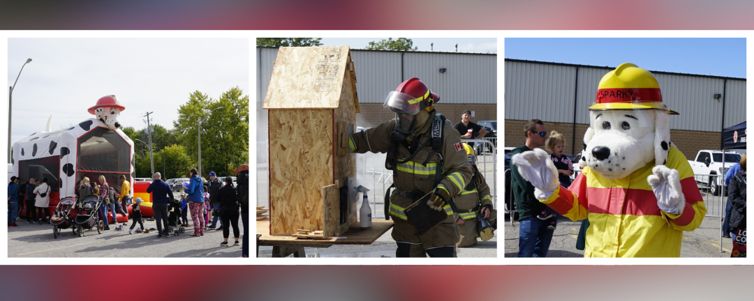 three photos, side by side, parents and kids at fire open house, firefighter, sparky the fire dog