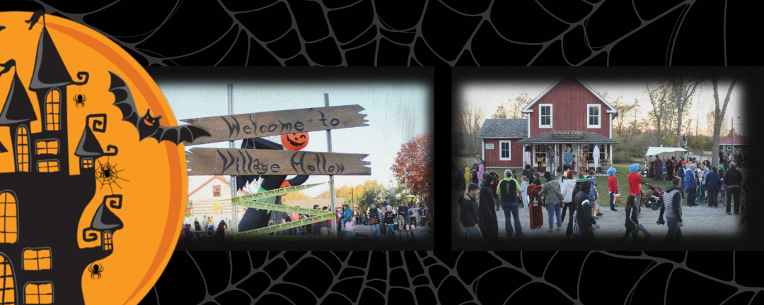 two photos, side by side, of people visiting Georgina Pioneer Village for Halloween