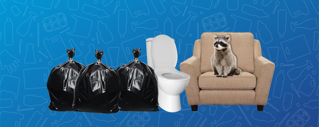 three bags of garbage beside a toilet and a chair with a raccoon sitting on it