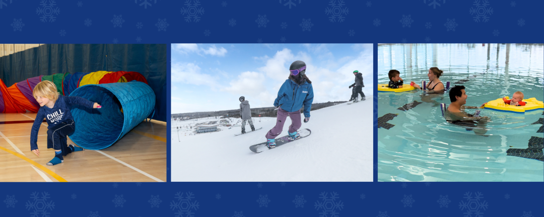 three photos side by side, one of a child in a gym, one of snowboarders and one of people in a pool